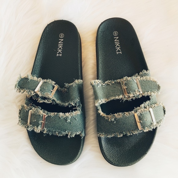 NIB Green Denim Double Buckle Slide Sandals | Women’s | Nikki | Frayed Strap - Picture 4 of 6